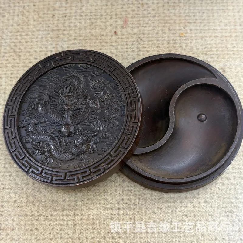 Antique Inkwell Pattern Tai Chi Bagua Design, Ink Holder Lid, Dragon Playing with Pearls and Auspicious Clo