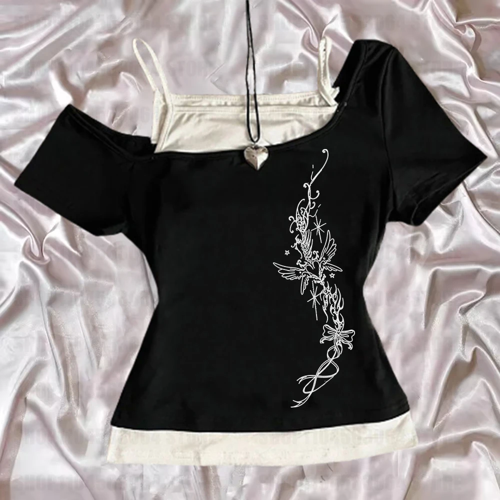 서브컬쳐 여성 의류 Y2K 펑크 티셔츠 아메리칸 레트로 스윗 섹시 숏 여성 의류 여름 캐주얼 인기 상의