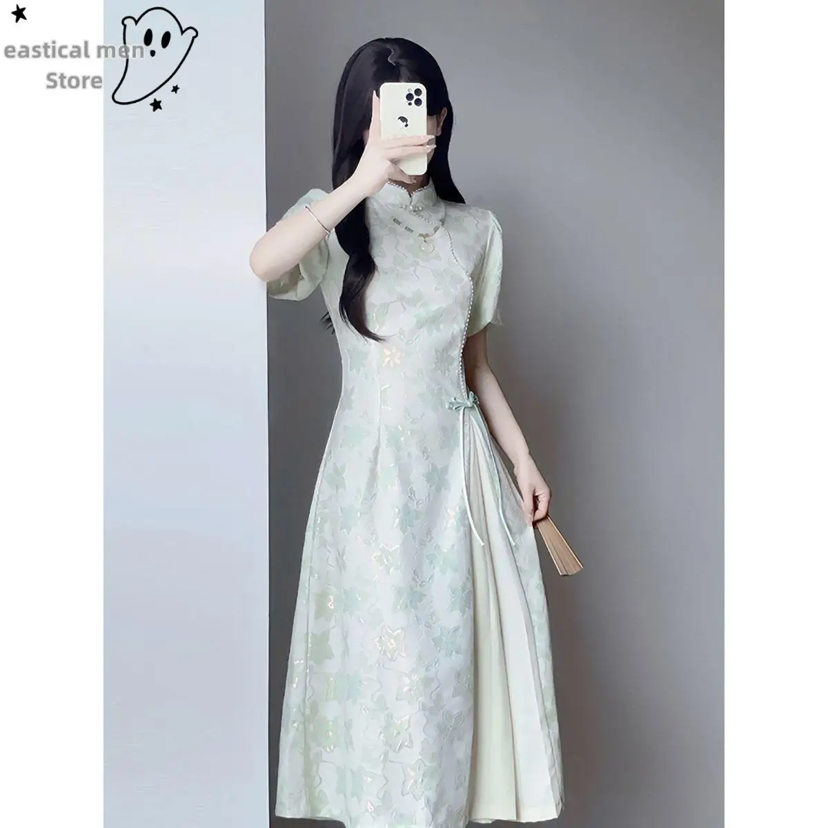Light Green Cheongsam New Chinese Style Dresses Women Elegant Flower Print Vestidos Traditional Mandarin Collar Qipao Lady Dress