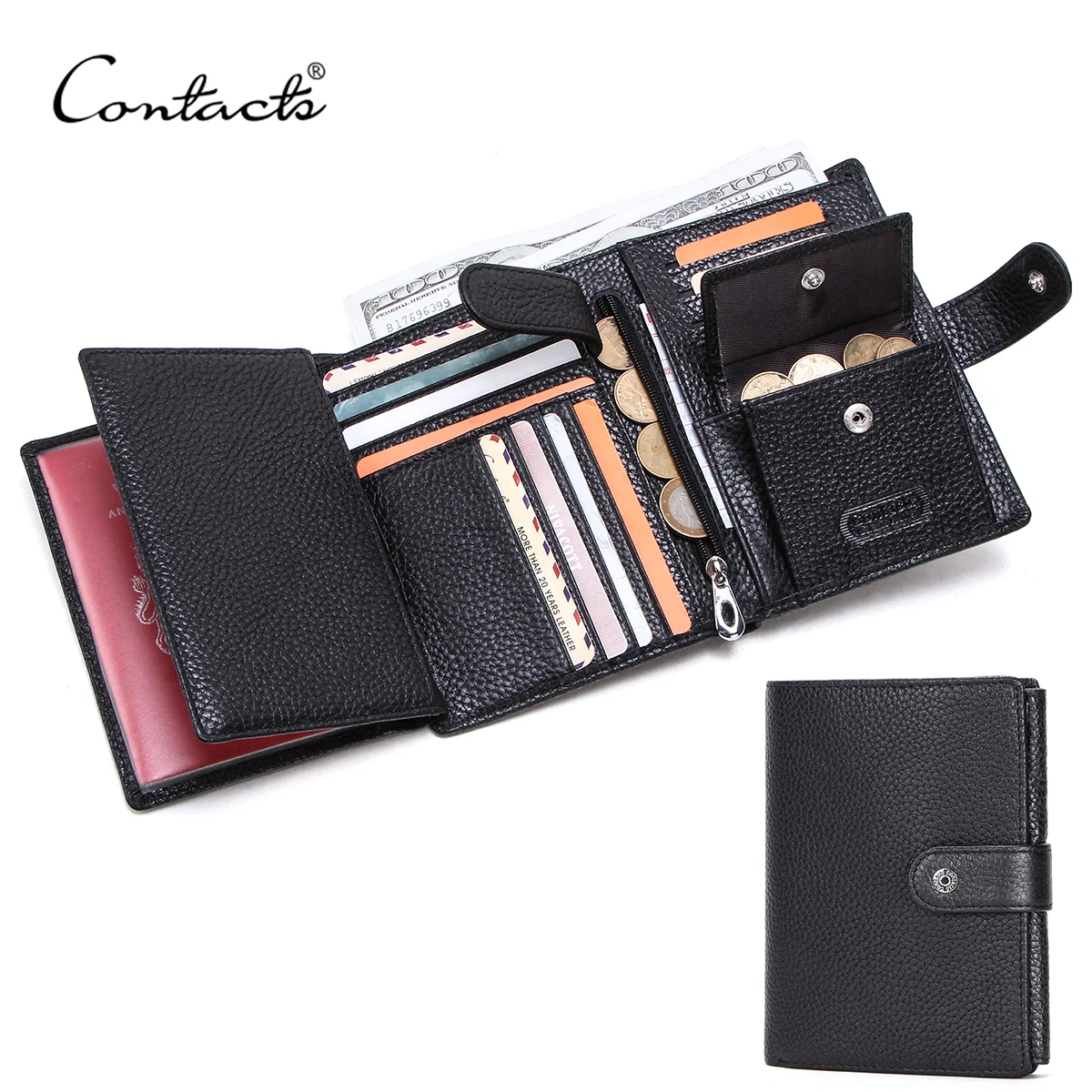 

CONTACT'S Genuine Leather Men Wallet Short Trifold Casual Men's Wallet Coin Purses Card Holders Money Clips Passport Wallet