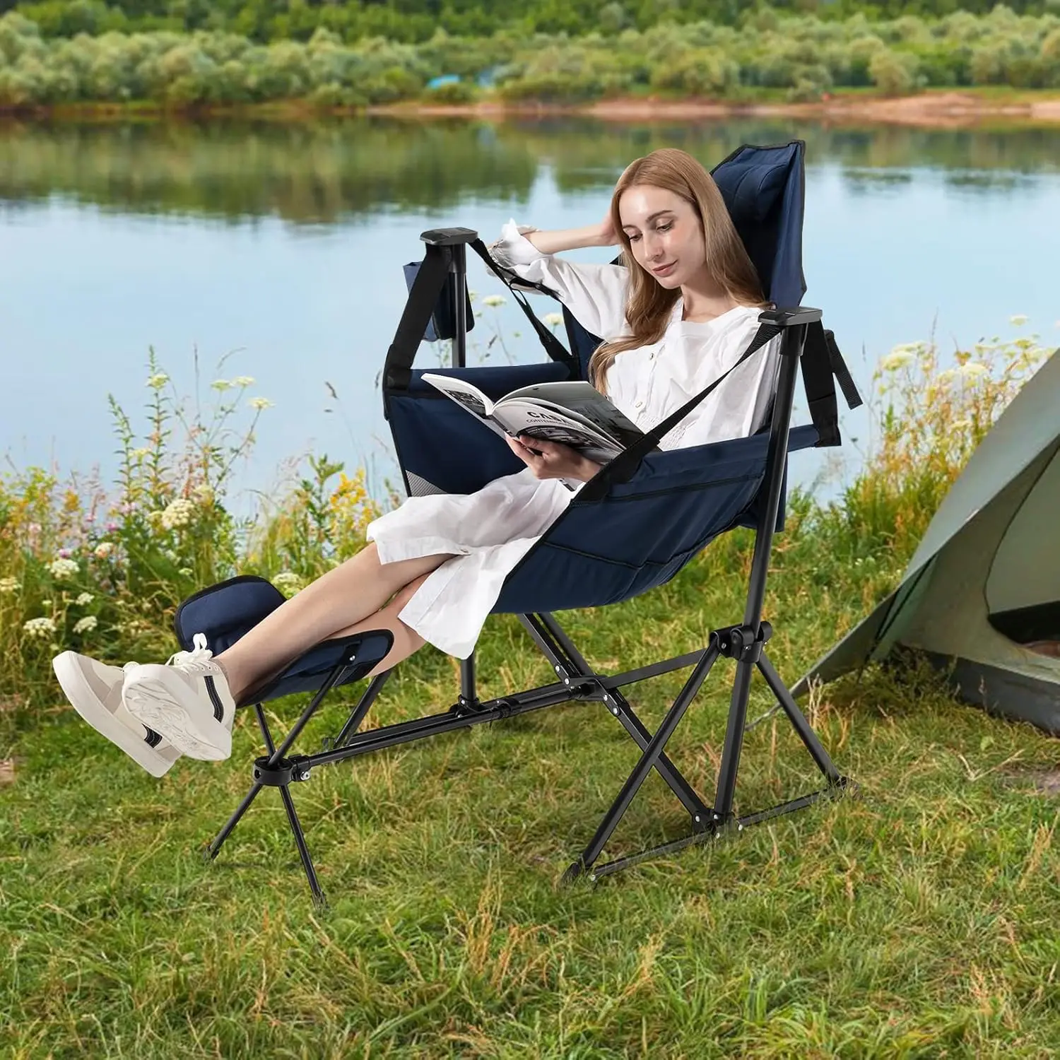 Tangkula Set of 2 Hammock Camping Chair, Portable Camp Chair with Retractable Footrest, Adjustable Back, Headrest, Cup Holder &