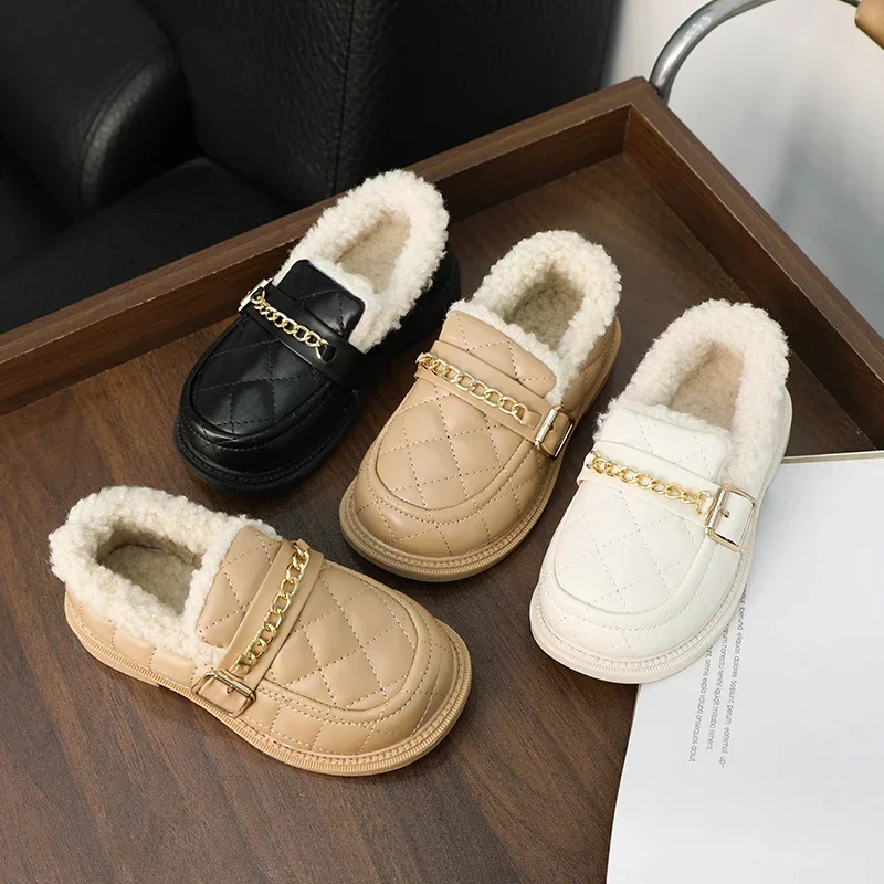 Kids Winter Shoes Simple Girls Cotton Shoes Fashion Classic Metal Chain Warm Children's Shoes Solid Color Versatile Flat Loafers