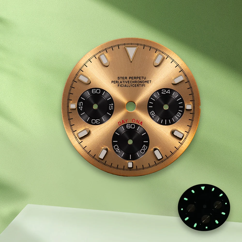 29.5Mm S Logo Dial Panda Putih VK63 Dial Lingkaran Dalam Hitam Tanpa Gerakan Tangan Aksesori Modifikasi Jam Tangan Bercahaya Hijau