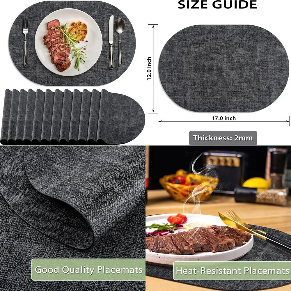 

Placemats Set of 12 Washable, Heat Resistant Table Placemats Wipeable Faux Leather Oval Place Mats Non Slip, Waterproof Oval Tab
