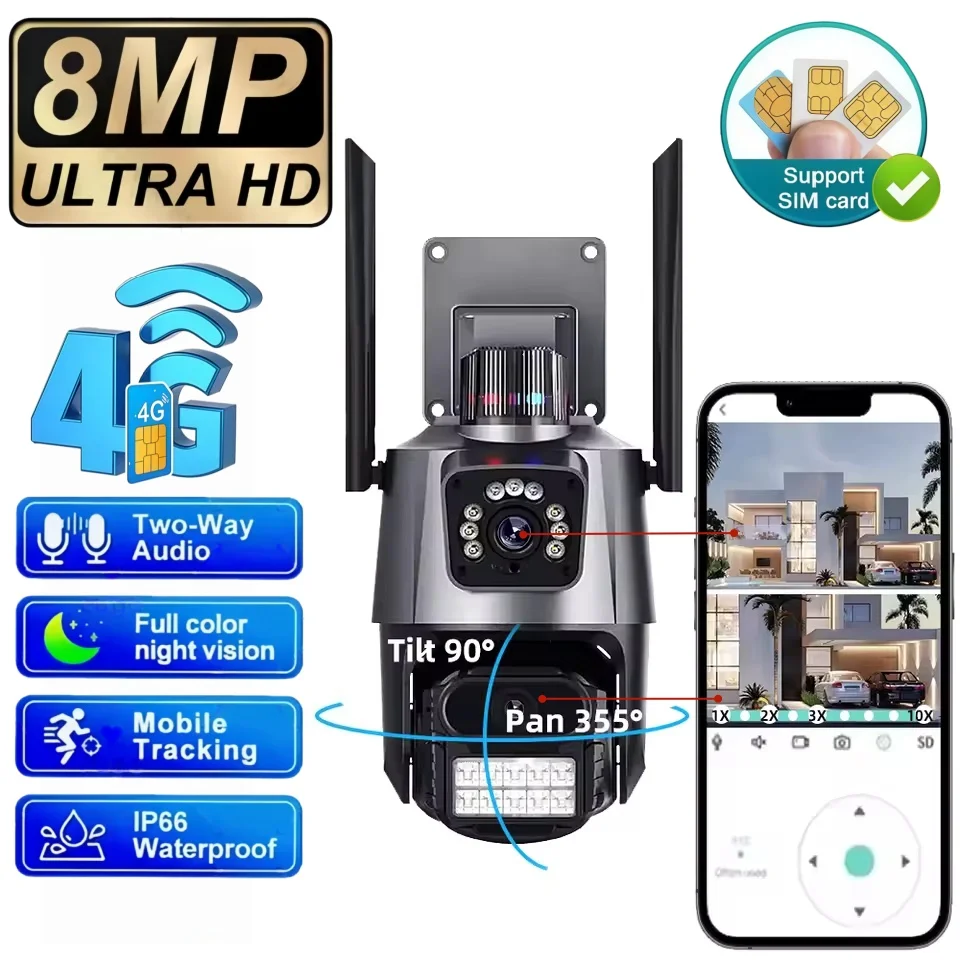

Камера видеонаблюдения V380 Pro 4K 8MP 4G с двумя объективами, для улицы, с функцией обнаружения людей, защита и безопасность, PTZ, IP, CCTV