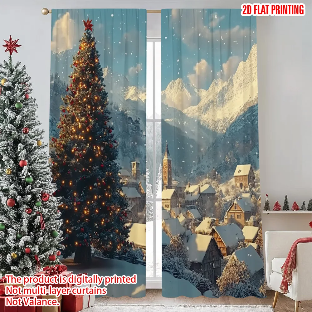 

2pcs 2D flat printing Merry Christmas Popular Drapes Snow Village Starry Night Golden Tree Versatile Durable Polyester Without