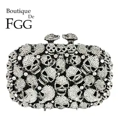 Boutique De FGG Super Mini Women Skull Evening Bags Party Dinner Crystal Clutch Minaudiere borsa e borsette nero argento