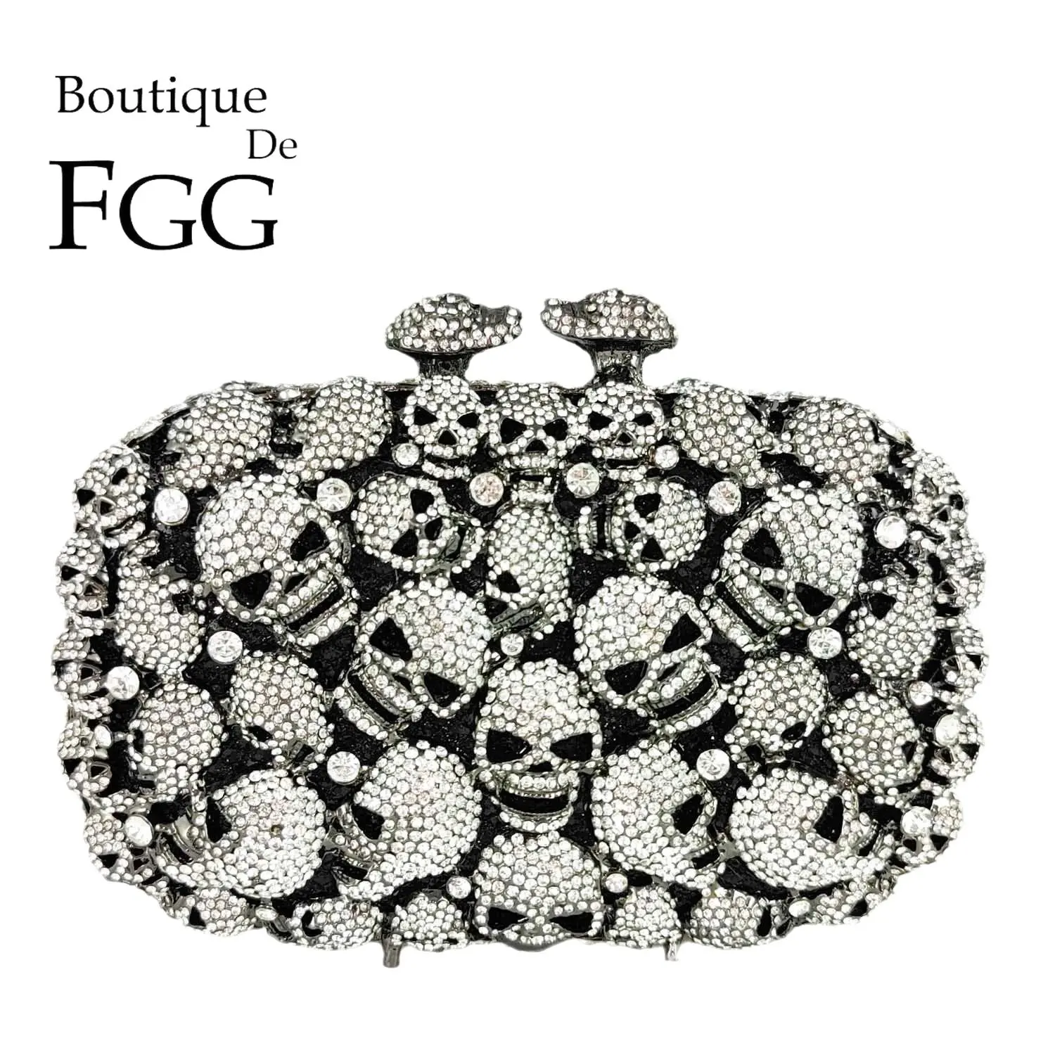 Boutique De FGG Super Mini Women Skull Evening Bags Party Dinner Crystal Clutch Minaudiere Purse and Handbags Black Silver