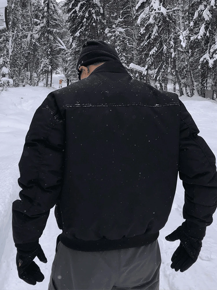 

Black Short Cotton Jacket Men's Thickened Stand Collar American Pilot Style Winter Coat Warm Casual Long Sleeve Zipper Closure