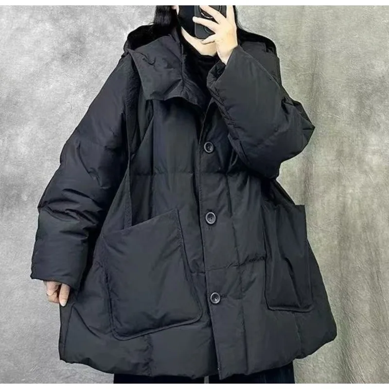 عارضة بطة أسفل بسيط نمط جديد مقنعين منتصف طول أنيق فضفاض جيب الشتاء سترة الراقية المألوف والدافئة أسفل سترة #5