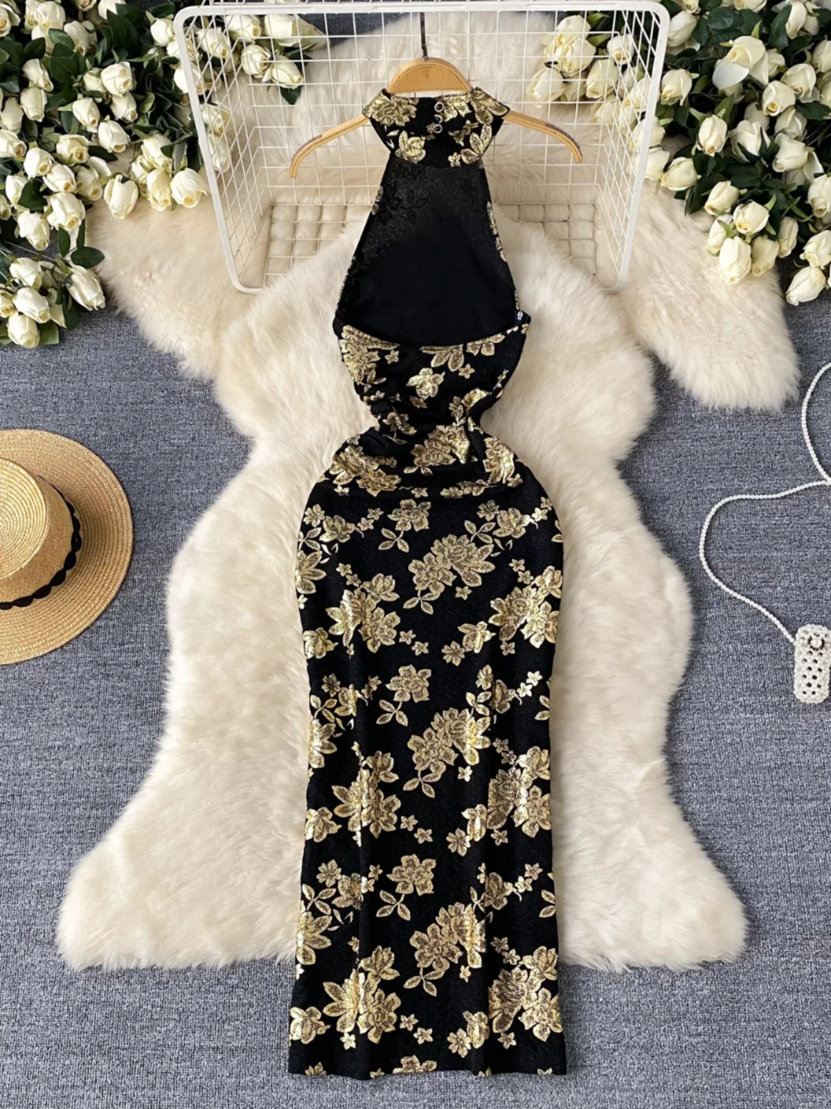 Sexy Bal suspendu Ne Dr femmes taille haute impression dorée coupe ajustée robe de soirée coréenne Sle printemps été