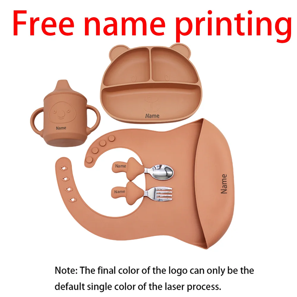 

Free Name Printing 5-Piece Kids' Meal Set: Bib, Plate, Fork, Spoon, Cup - Silicone Material Personalized Gift