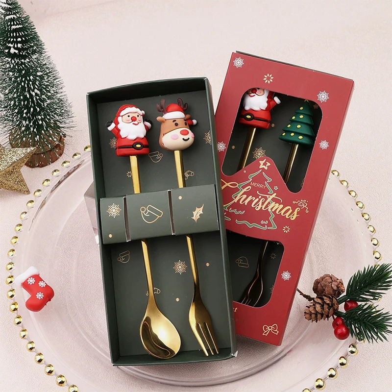 

2 Pcs Christmas Themed Cutlery Set Stainless Steel Creative Golden Tableware,Coffee Tea Dessert Cake Fork And Spoon Gift Set
