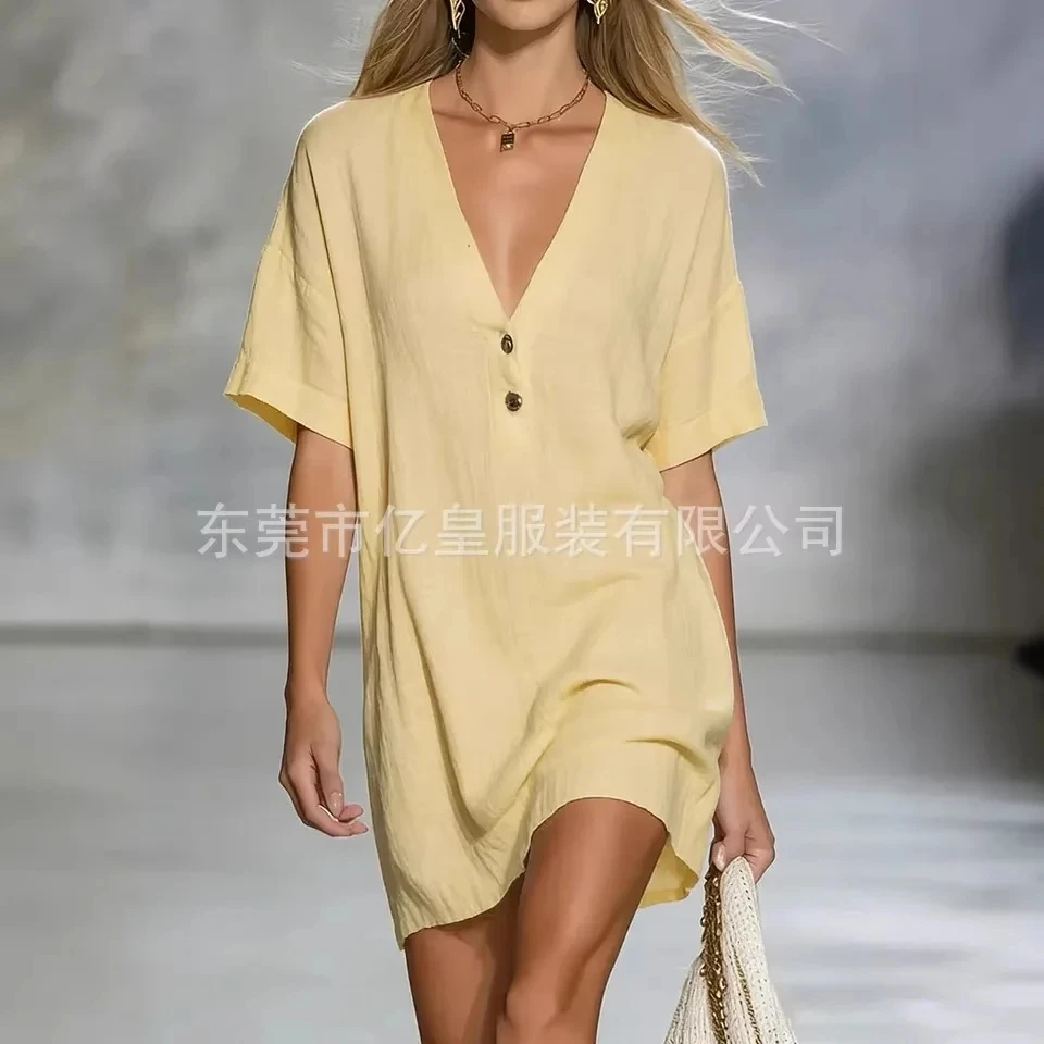 

2026 New Womens Spring Summer Fashion V Neck Short Sleeve Loose Dress Temperament Versatile