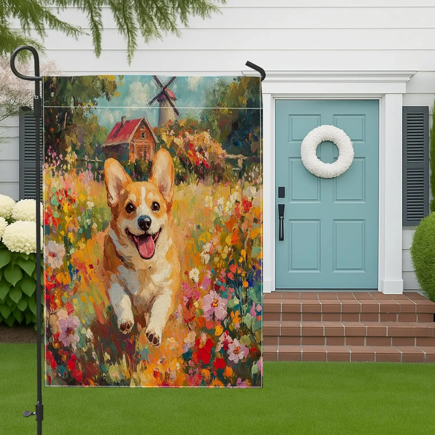 Spring Corgi Dog Garden Flags 12”x18” Double Sided for Outside Decoration, Country Garden Puppy FrontYard Canvas Flag, Fun F ZZM