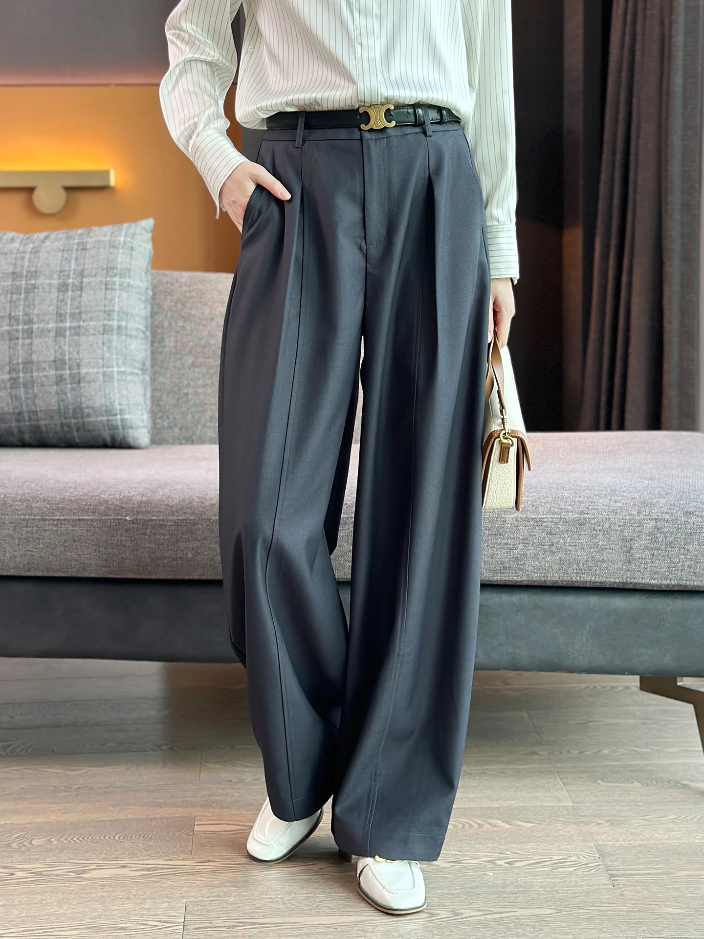 

Left Home High Waist Wide Leg Pants Anti-Wrinkle Drapey Pleated Conceal Meat Knife Suit Pants Casual Loose Fitting Trousers