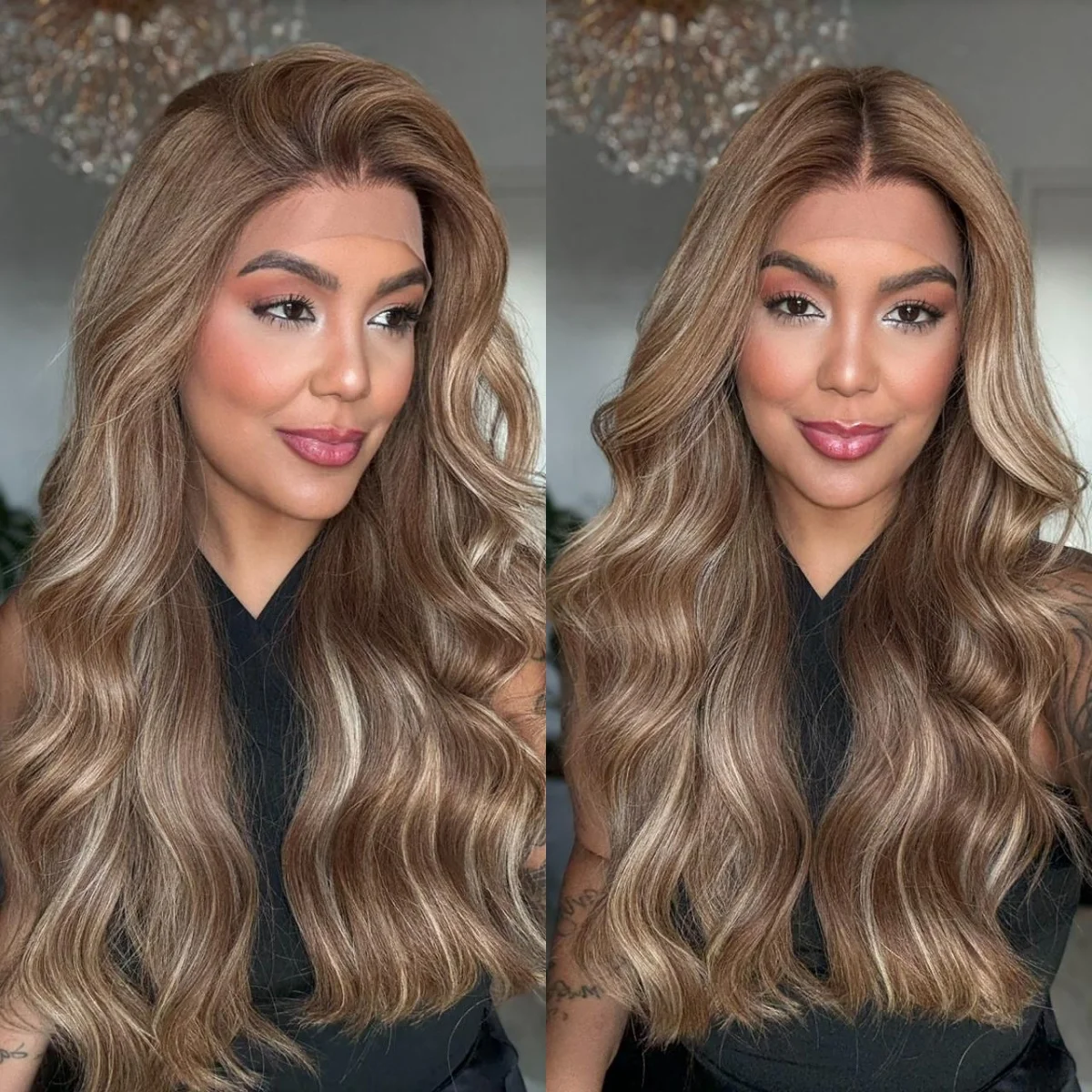 Easy To Wear Soft Honey Brown Highlights Synthetic Lace Frontal Wig Sugar Natural Preplucked Natural Hairline Realistic Look Wig