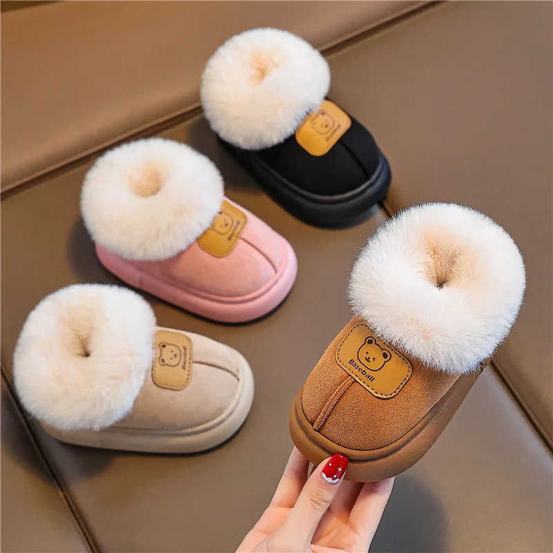 Thick Fleece Lined Closed‑Heel Kids Cotton Slippers Winter Non‑Slip Warm Home Snow Boots for Toddler Boys Girls