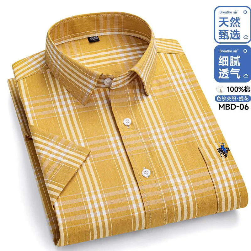 100% cotton 6XL short-sleeved men\'s shirt with pocket summer thin plaid business casual high quality free wear breathable