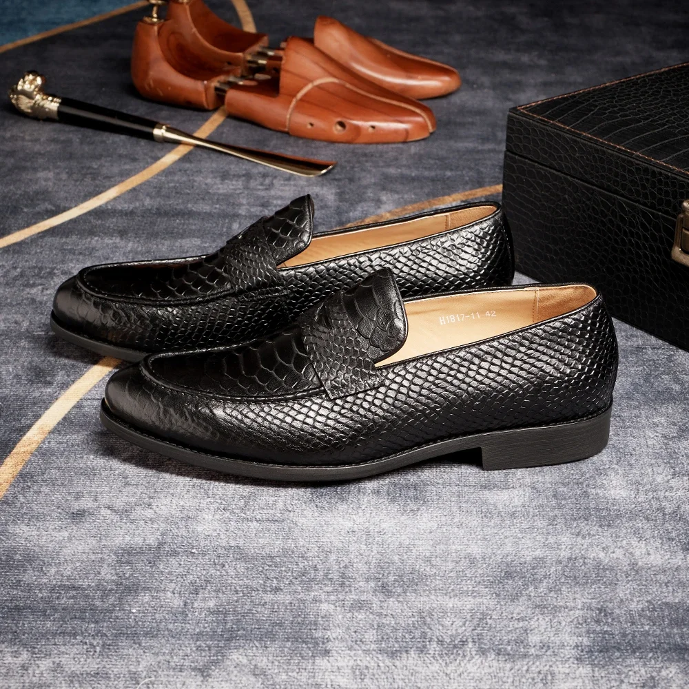 FELIX CHU Genuine Leather Men\'s Loafers Pointed Snake Pattern Slip-on Monk Shoes Wedding Party Casual Formal Men\'s Dress Shoes