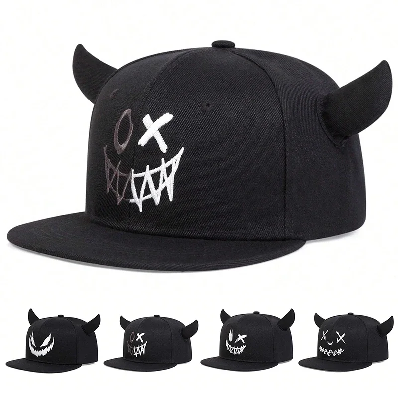Unisex-Hip-Hop-Hüte mit lächelndem Gesicht und Kuhhorn, für Frühling und Herbst, für den Außenbereich, verstellbar, lässige Baseballkappen, Trucker-Kappen, Sonnenschutzhut