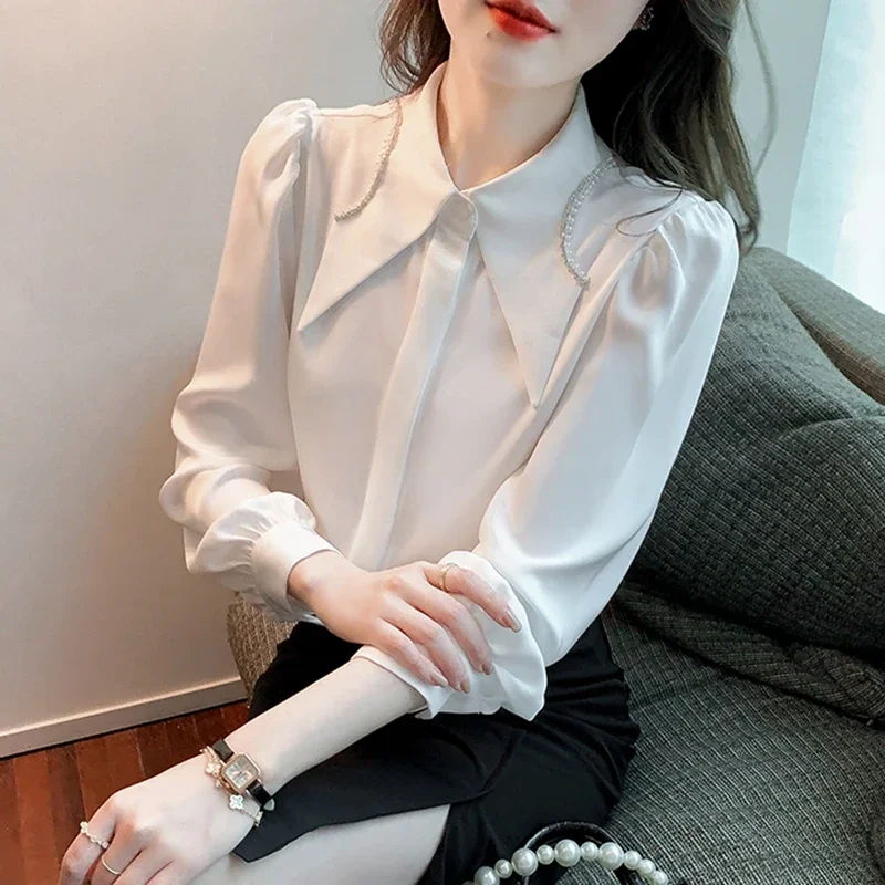 Camisas blancas elegantes de gasa para mujer, blusas de oficina de estilo coreano con mangas acampanadas, Tops sexys negros con cuentas para otoño e