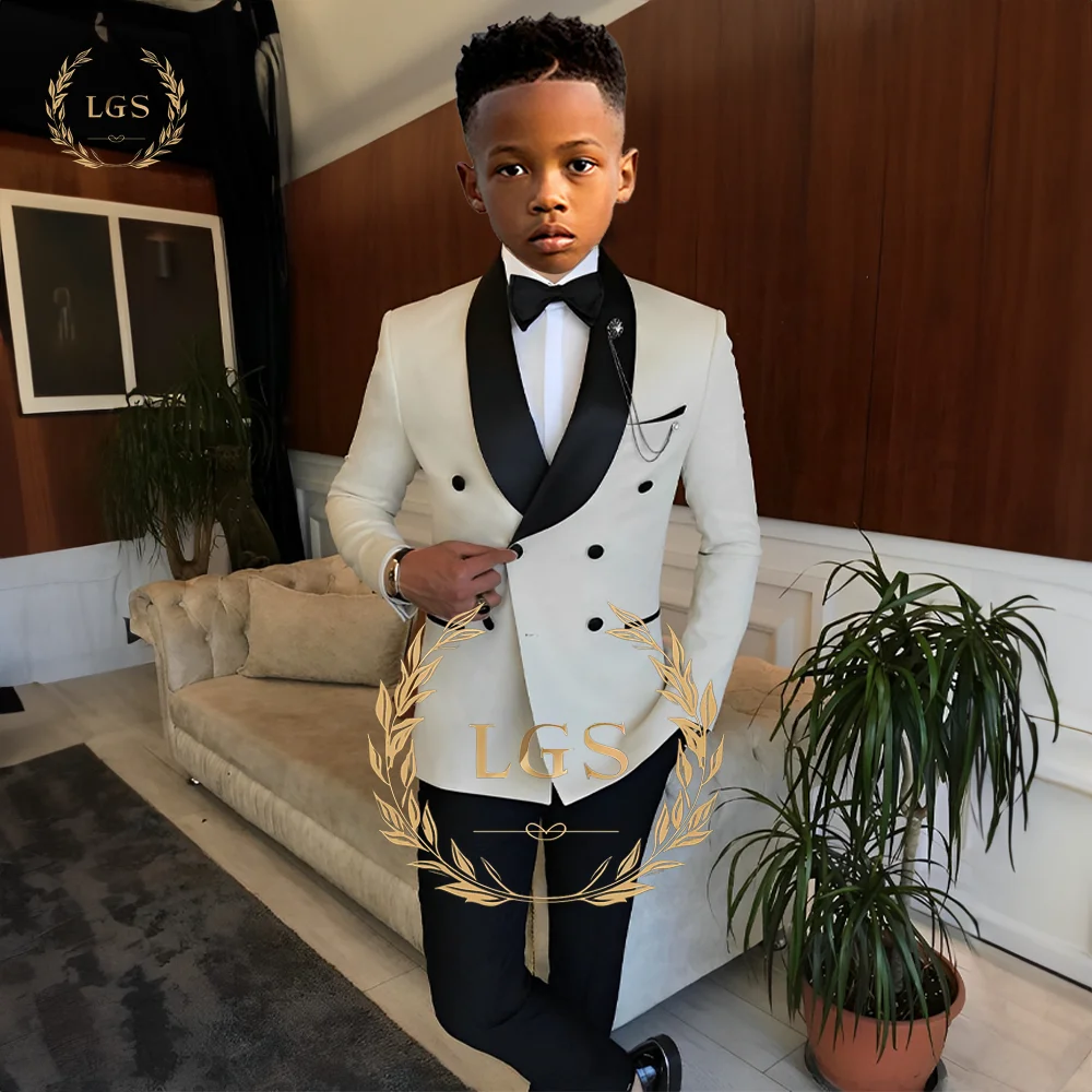 

Boys black shawl collar double-breasted suit 2 piece suit, customized children's birthday party wedding tuxedo suit