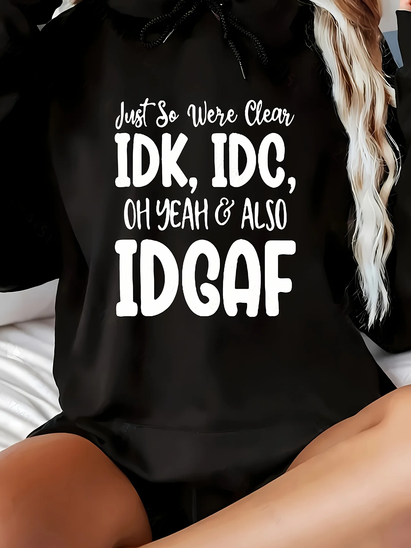 

Fun "IDK IDC IDGAF" promotional slogan hoodie - Loose sweatshirt with text print, a creative Christmas gift idea for 2024
