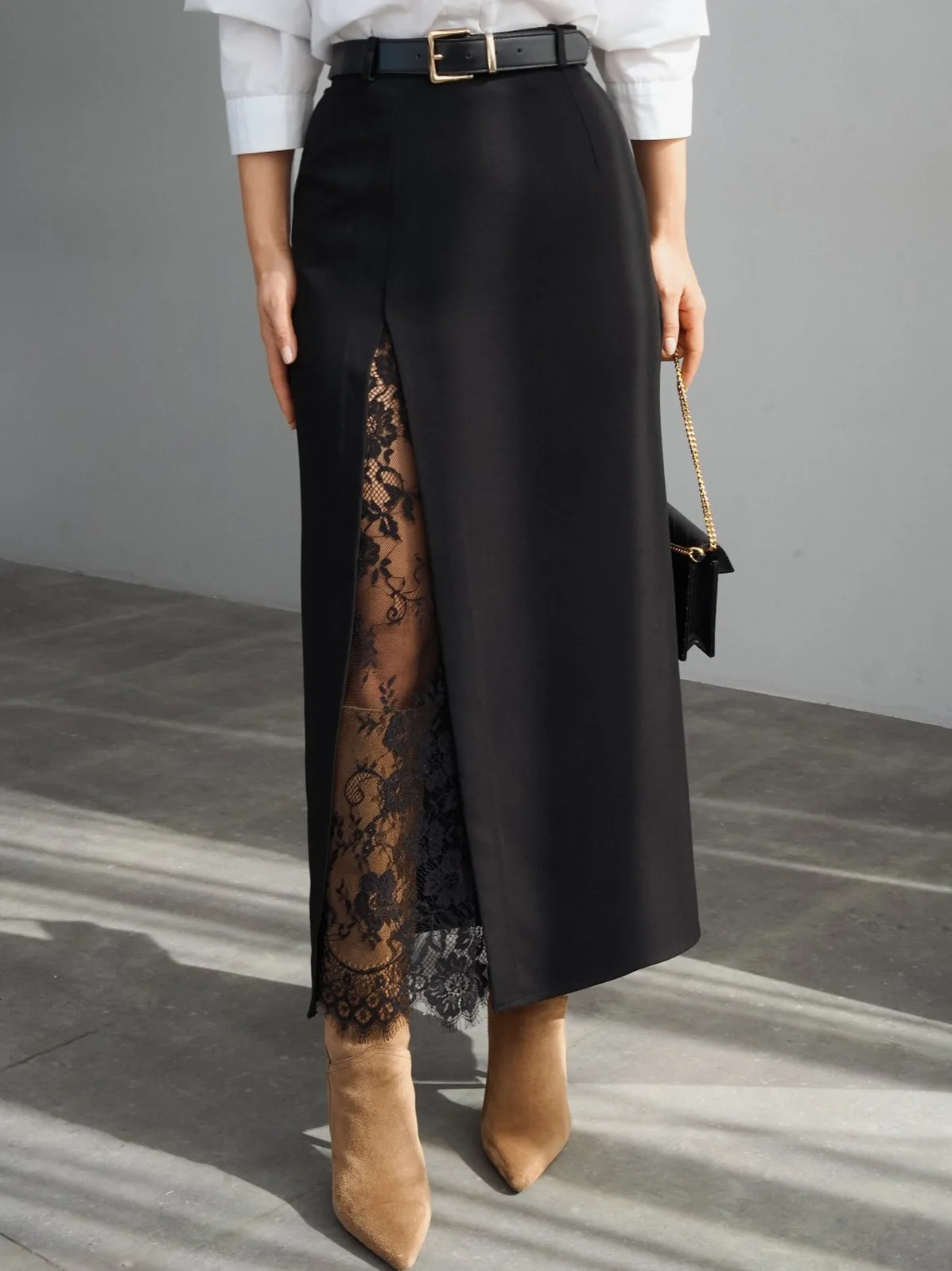 Women's Fashion Brown Lace Patchwork Bodycon Skirt High-waist Split Mid-length Skirts Summer Casual Female Office Daily Clothes