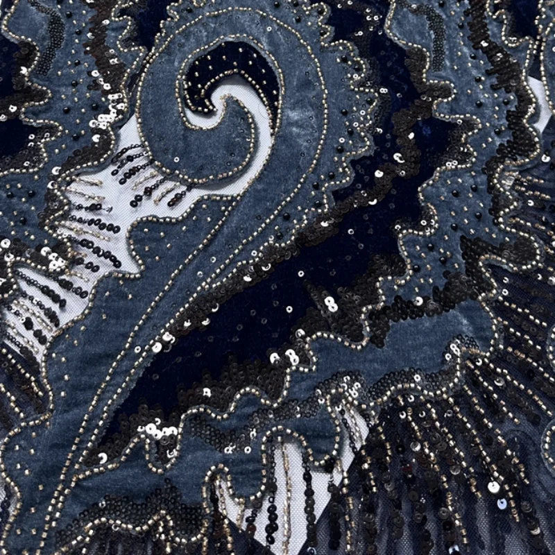 Latest Lace Fabric High Quality 2026 African Lace Fabric Beaded Applique Sequins Beads Embroidered Curly Leaf Pattern For Dress