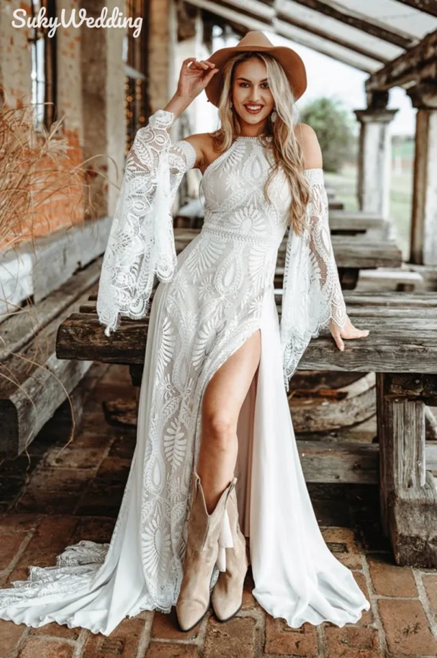 knee length dresses for ladies Zapaka Women Western Wedding Dress with Lace V Neck White A Line Sweep Train Bridal Dress, White / US2 main image 1