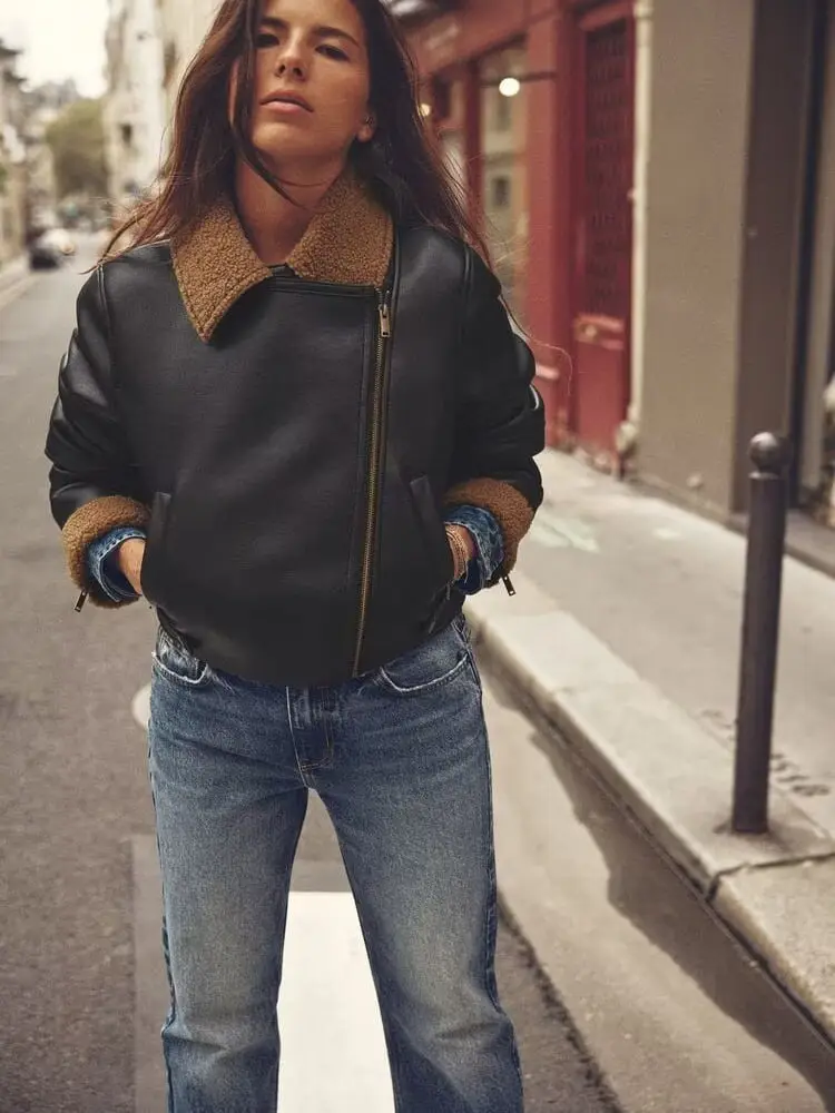 American Sle Loose Fit Biker Jaet Colletto Faionable da donna Cappotto in pelle e pelliccia Or Capispalla Chiusura con cerniera Lungo Sve