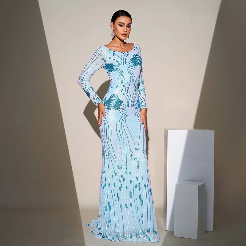 ชุดราตรีออกงานยาว แขนยาว คอทรงโอ สีน้ำเงิน ประดับเลื่อม สำหรับงานพรอม งานแต่งงาน แขกในงานแต่งงาน เพื่อนเจ้าสาว หรืองานเลี้ยงตอนเย็น ปี 2025