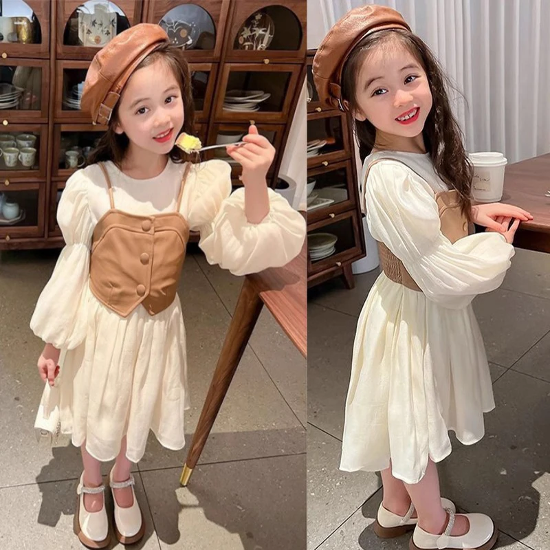 

Girls Chiffon Dress + PU Leather Vest 2Pcs Kids Long Sleeve Princess Dress Spring Autumn Fashion New Casual Clothes 2-12 Years