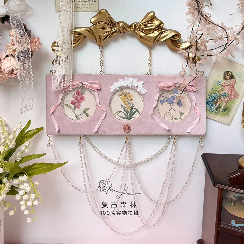 French Court Handcrafted Bowknot Pink Velvet Embossed Picture Frame Wall-mounted Homestay Decorations European-style Pearl Decor