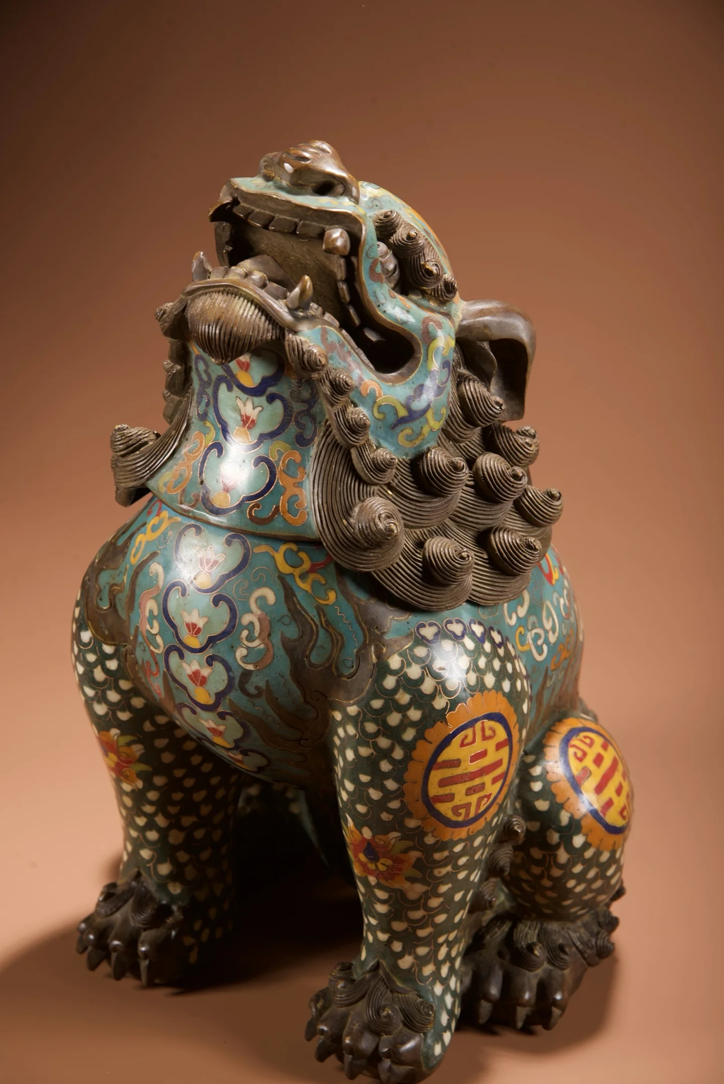 

13"Old Bronze Cloisonne Enamel floral pattern Skyward Howl God Beast Statue Incense Burner Study screen Amass wealth Ornaments