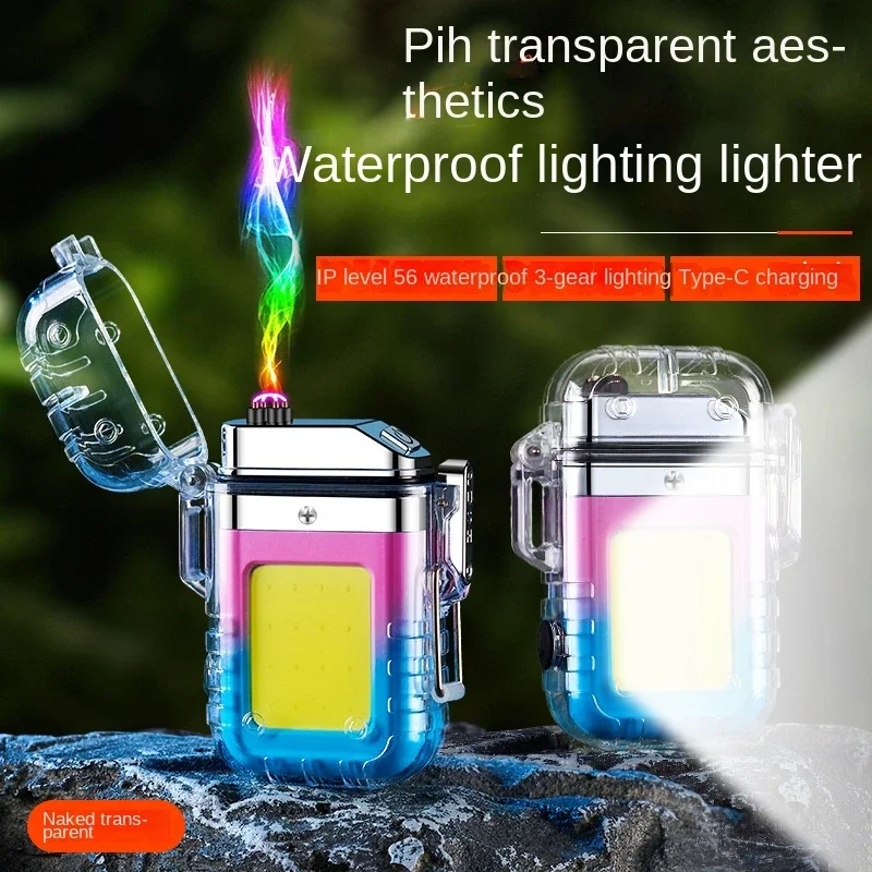 New Transparent Waterproof Lighter Windproof Lighter Plasma Double Arc Flashlight USB Rechargeable Outdoor Camping Lighter
