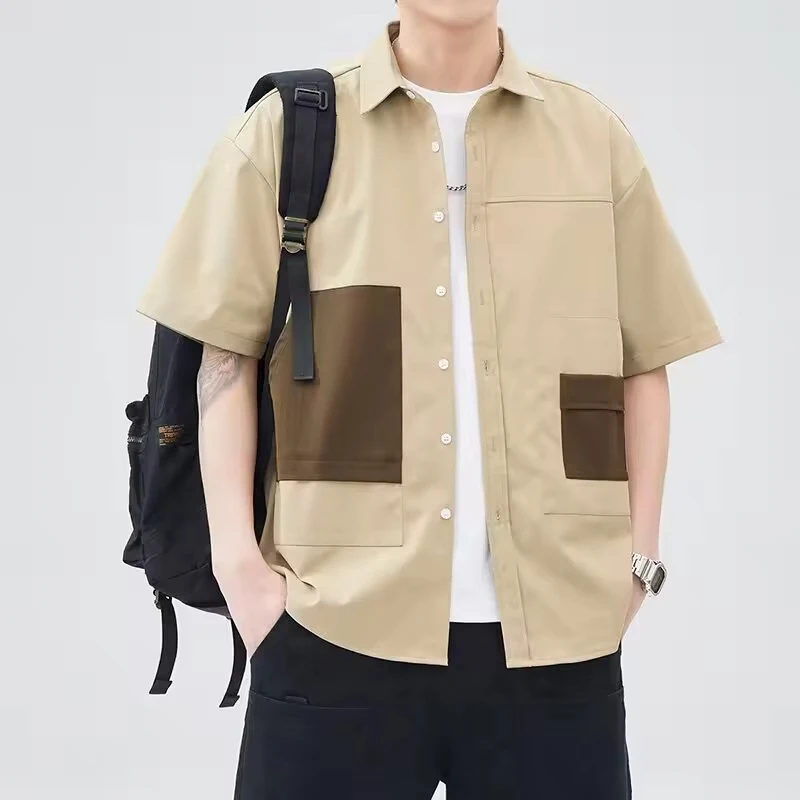 

2025 New Fashion Summer Men's Color-coded Turn-down Collar Half Sleeve Spliced Casual Trendy Shirts Male Loose Clothes Tops