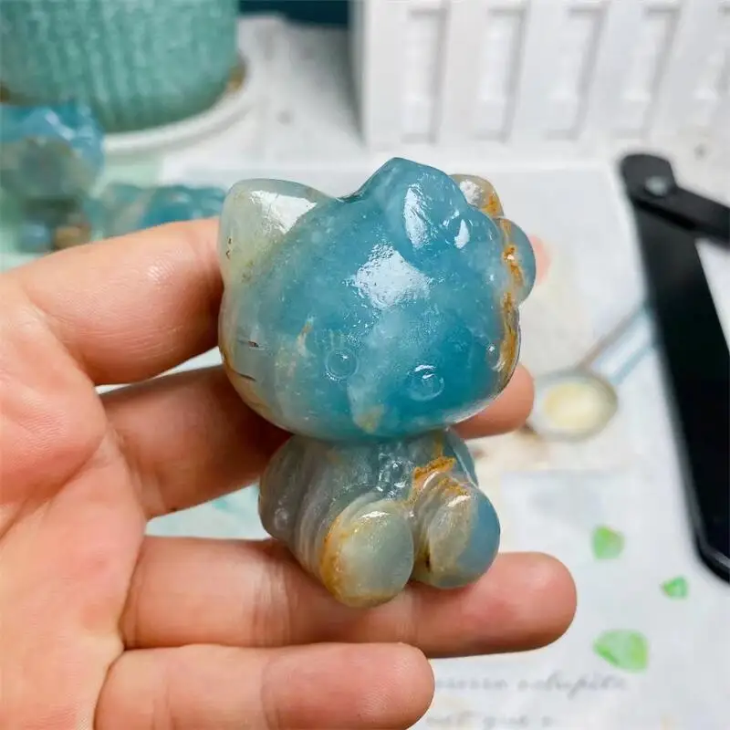 

Natural Blue Onyx Cartoon KT Cat Crystal Carved Healing Cute Animal Crafts For Home Decor Or Christmas Children Gift 1pcs