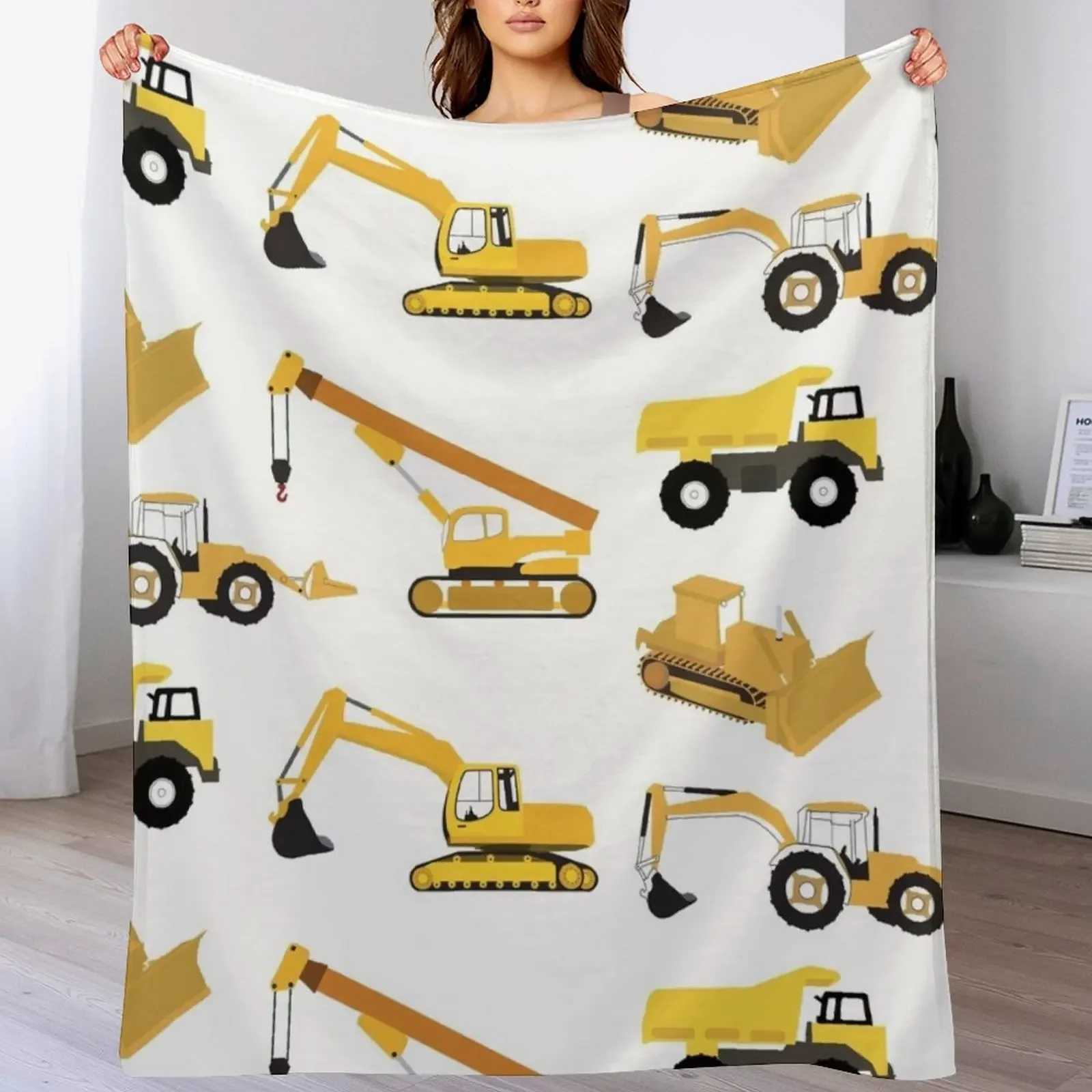 New Construction Trucks - Dump Truck, Excavator, Crane, Bulldozer and Backhoe Throw Blanket Softest anime Blankets