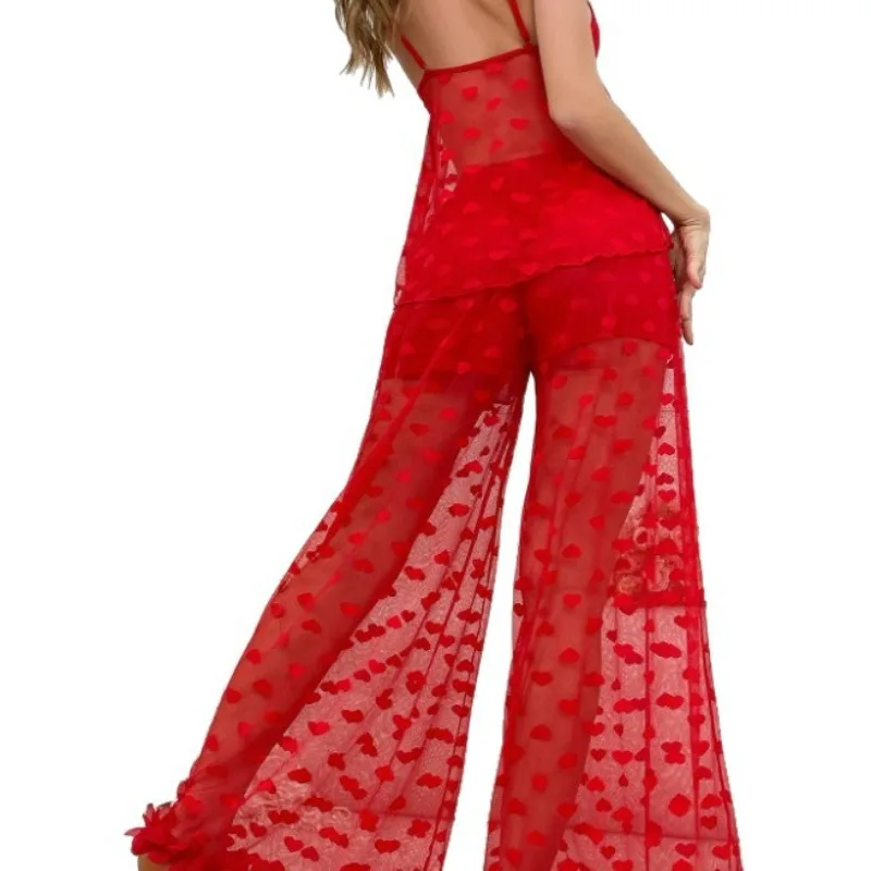 Sex Underwear Pajama Sets Sexy 2-piece Set Camisole Pajamas and Pants Women's Mesh Suspender Perspective Love Pajamas Home Wear