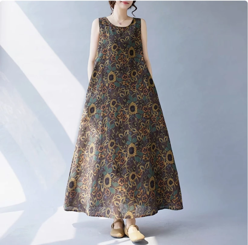 예술적 기질, 뚱뚱한 mm 캐미솔 롱 드레스, 여름 산야 운남 관광 휴가 스타일, 프린트 5XL 조끼 드레스