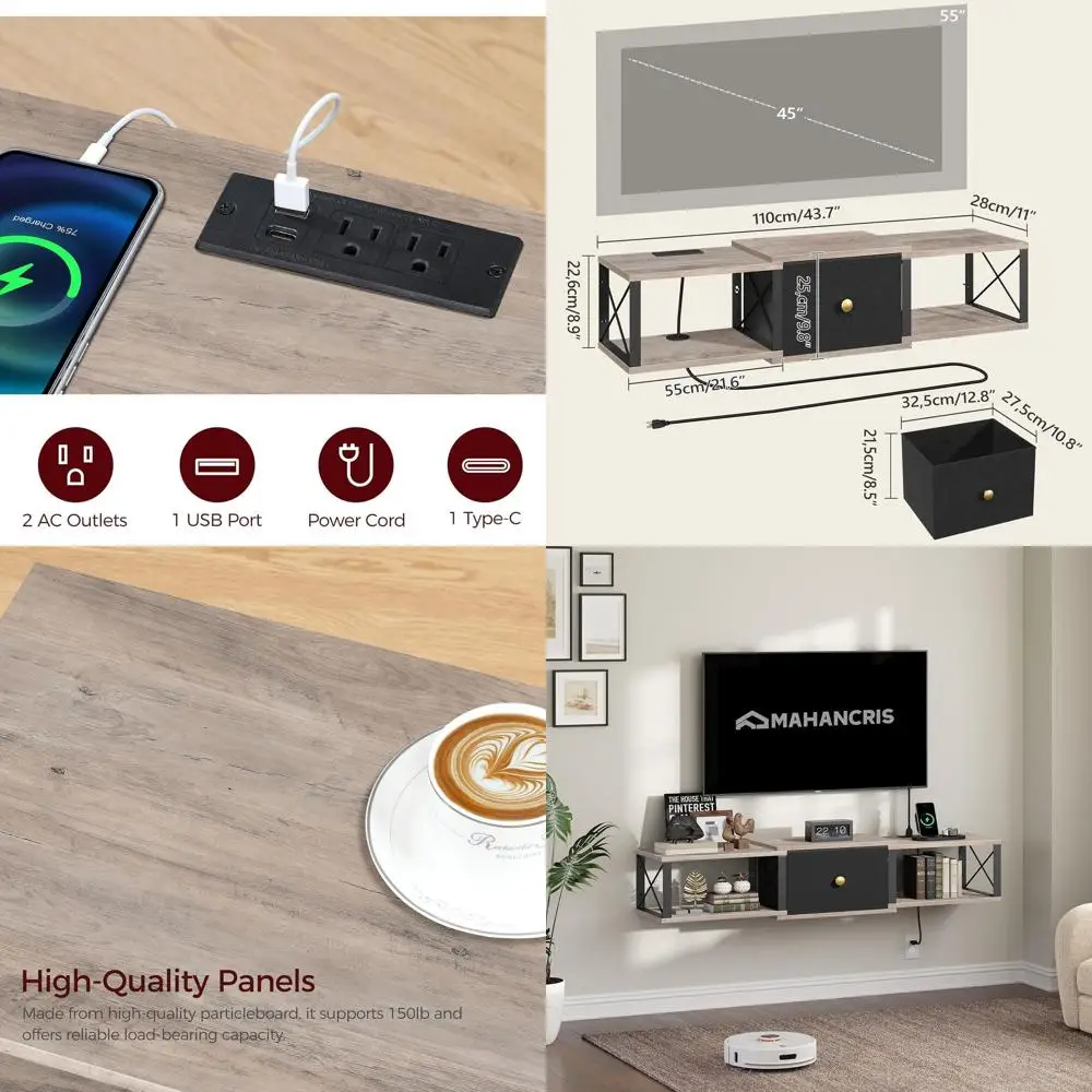 

Настенная плавающая подставка для телевизора с ящиками, медиаконсоль для хранения под ТВ, гостиная/спальня, серый