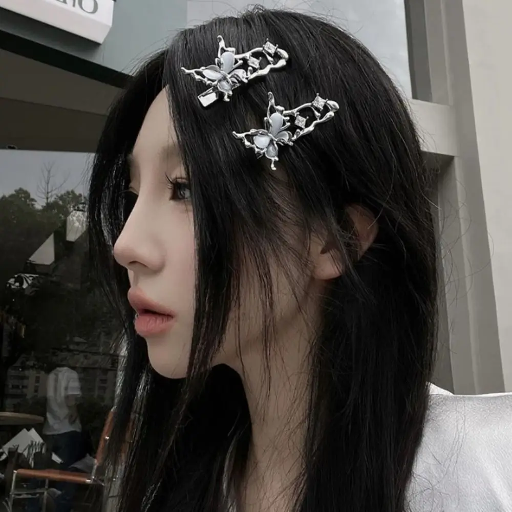

Sweet Cool Y2K Liquid Metal Hairpin Irregular Barrette Harajuku Hair Clips Hair Accessories Butterfly Zircon Silver Bang Clip
