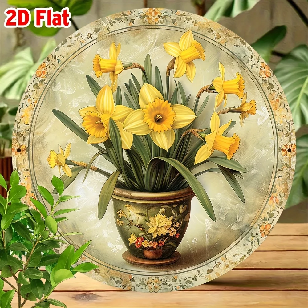2D Flat, 1pc Vintage Narcissus Flower Round Metal Wall Art, 8x8 Inch Aluminum Decorative Plaque, Waterproof 2D Printed Sign for