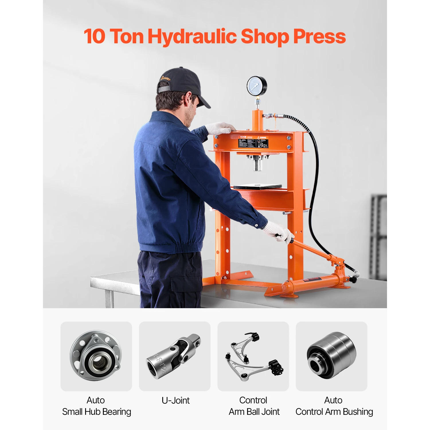 VEVOR Hydraulic Shop Press 10T Shop Press with Press Plate&H-shaped Base Floor Adjustable Hydraulic Press Fit for Straightening