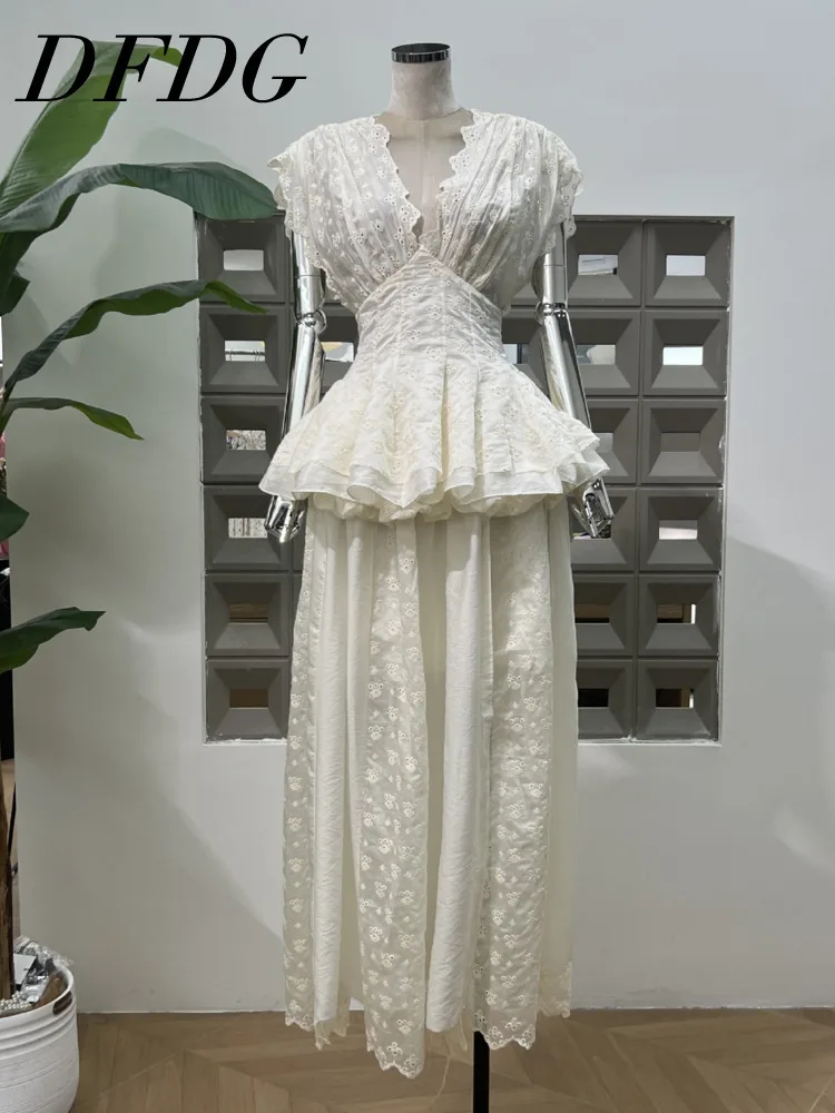 DFDG Women’s 2025 Spring Summer Designer Bohemian Embroidery Lace-up Crop Top Bubble Maxi Skirt Two Piece Set