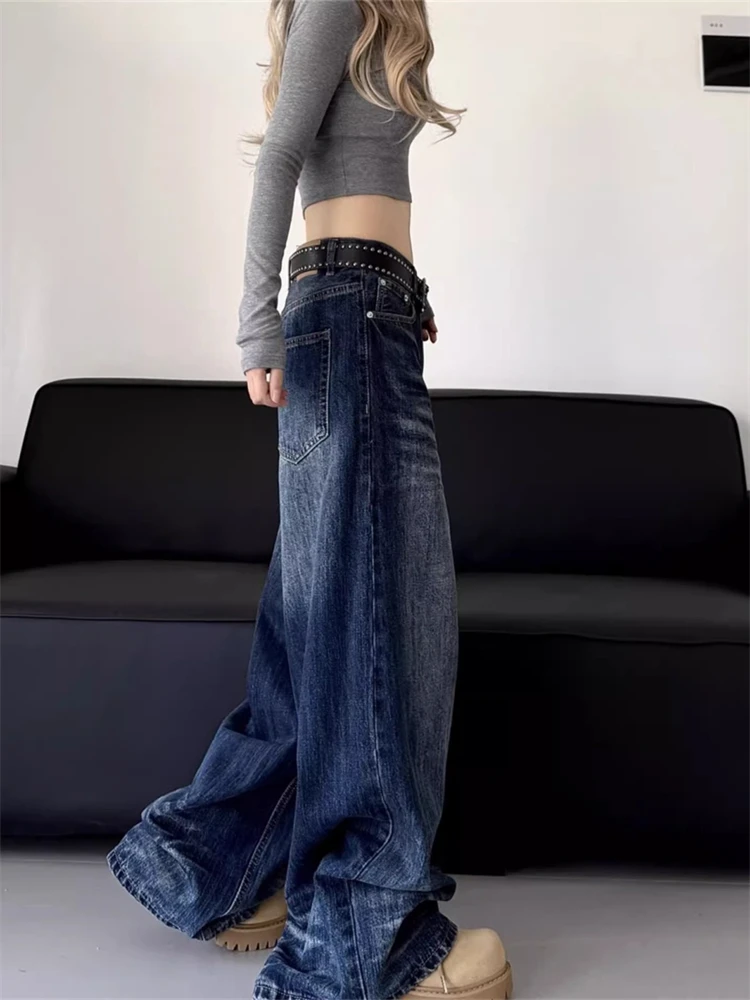 

Женские синие прямые мешковатые джинсы в стиле ретро, уличные брюки для девочек, винтажные брюки с эффектом усов, женские широкие брюки с высокой талией