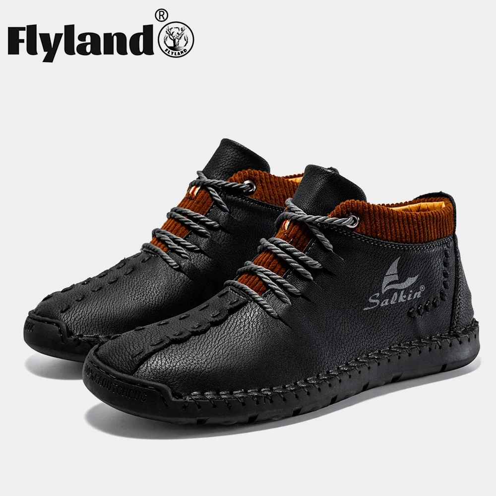 FLYLAND Men's Casual Leather Shoes High Quality Split Leather Comfortable Ankle Boots Men Warm Boots Outdoor Sneakers for Men