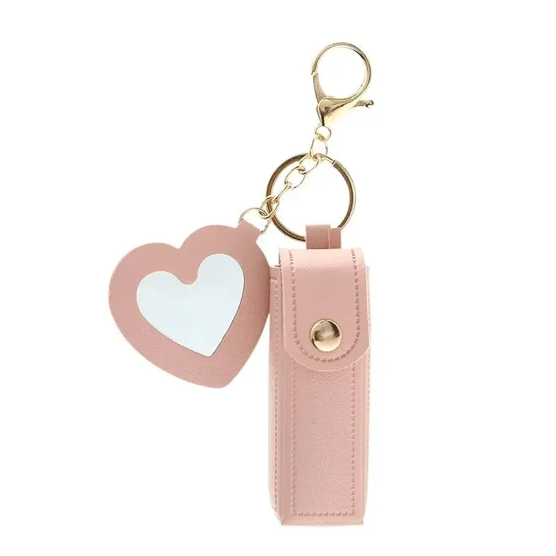 【S3】1Pc Women Fashion PU Lipstick Storage Cover With Mirror Keyring Mini Protective Bag Keychain Girls Key Ring Chain Gift